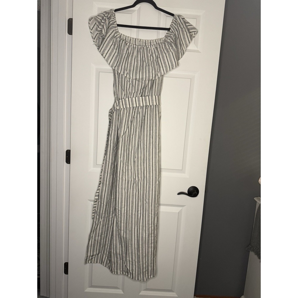 1 State Off The Shoulder Striped Maxi Dress White Blueish Gray Belted Large - Picture 2 of 2
